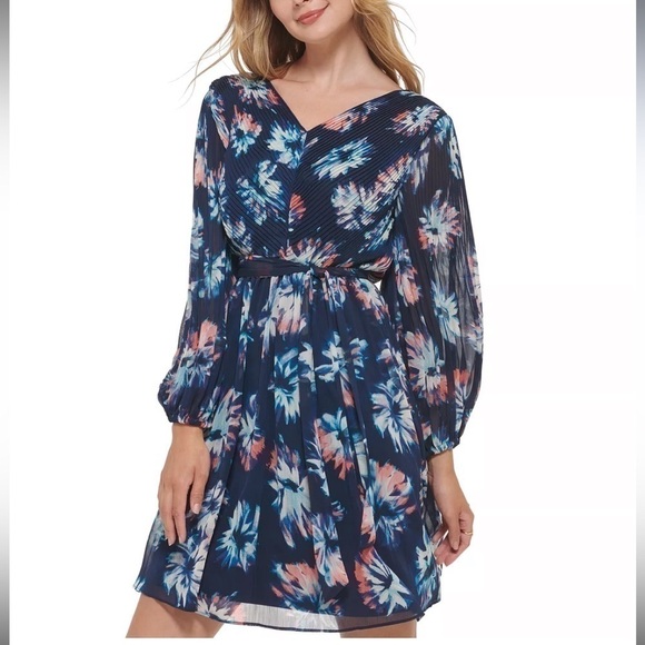 DKNY Pleated Balloon-Sleeve Dress navy pink size 2 - Picture 2 of 13